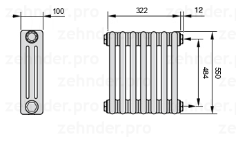 Схема (чертеж) Радиатор Zehnder Charleston 3055/7 №7610 Белый глянцевый RAL 9016